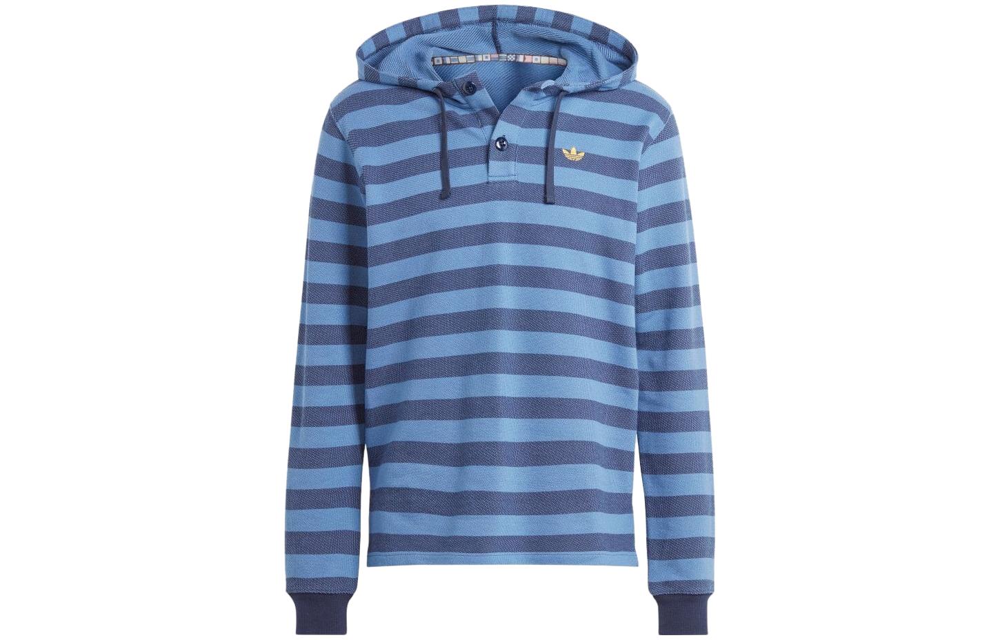 adidas Blue Logo Print Hoodie with Ribbed Cuffs and Drawstring IR7593