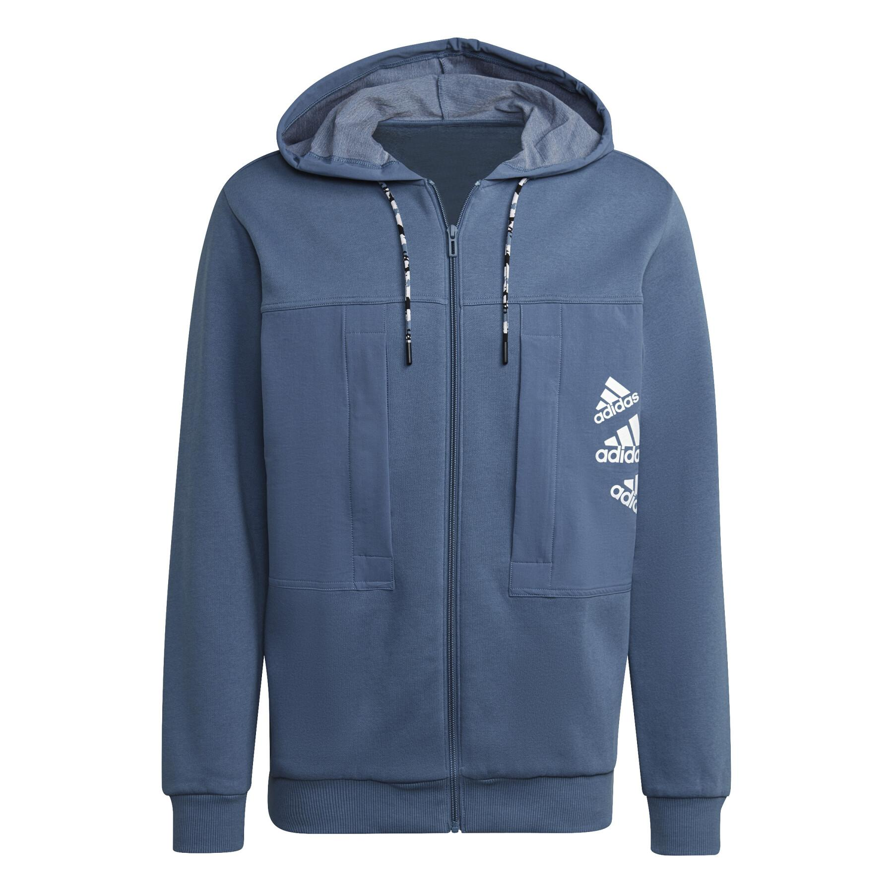 adidas Blue Patchwork Logo Print Fleece Lined Hoodie Jacket HL9379