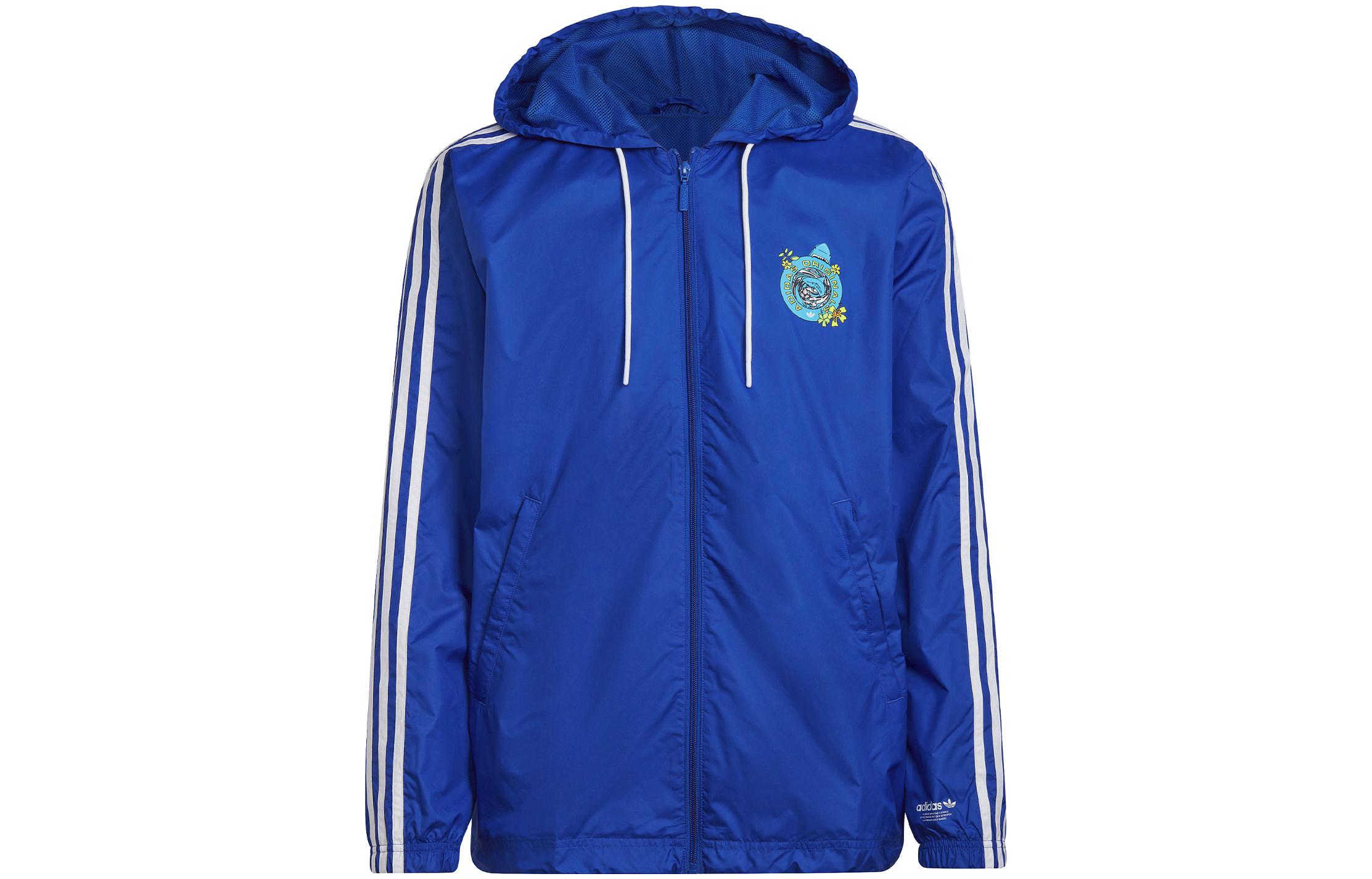 adidas Blue Pattern Striped Print Hooded Track Jacket HC7194