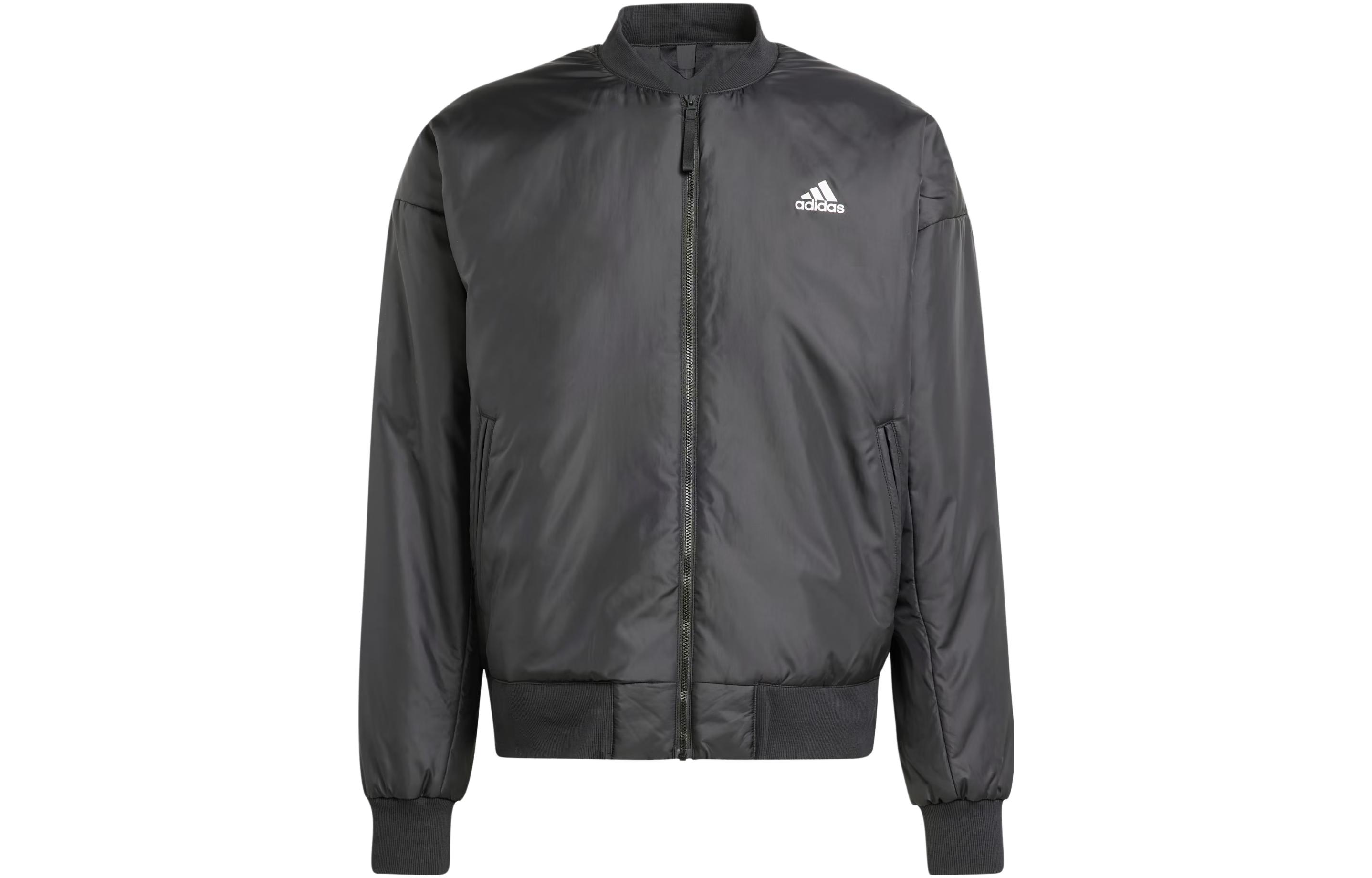 adidas Brand Love Bomber Jacket Black Letter Print Loose Fit Long Sleeve IK0526