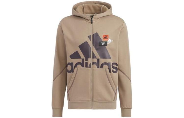 adidas Brown Zip-Up Hoodie Jacket with Front Large Logo Print HN8996