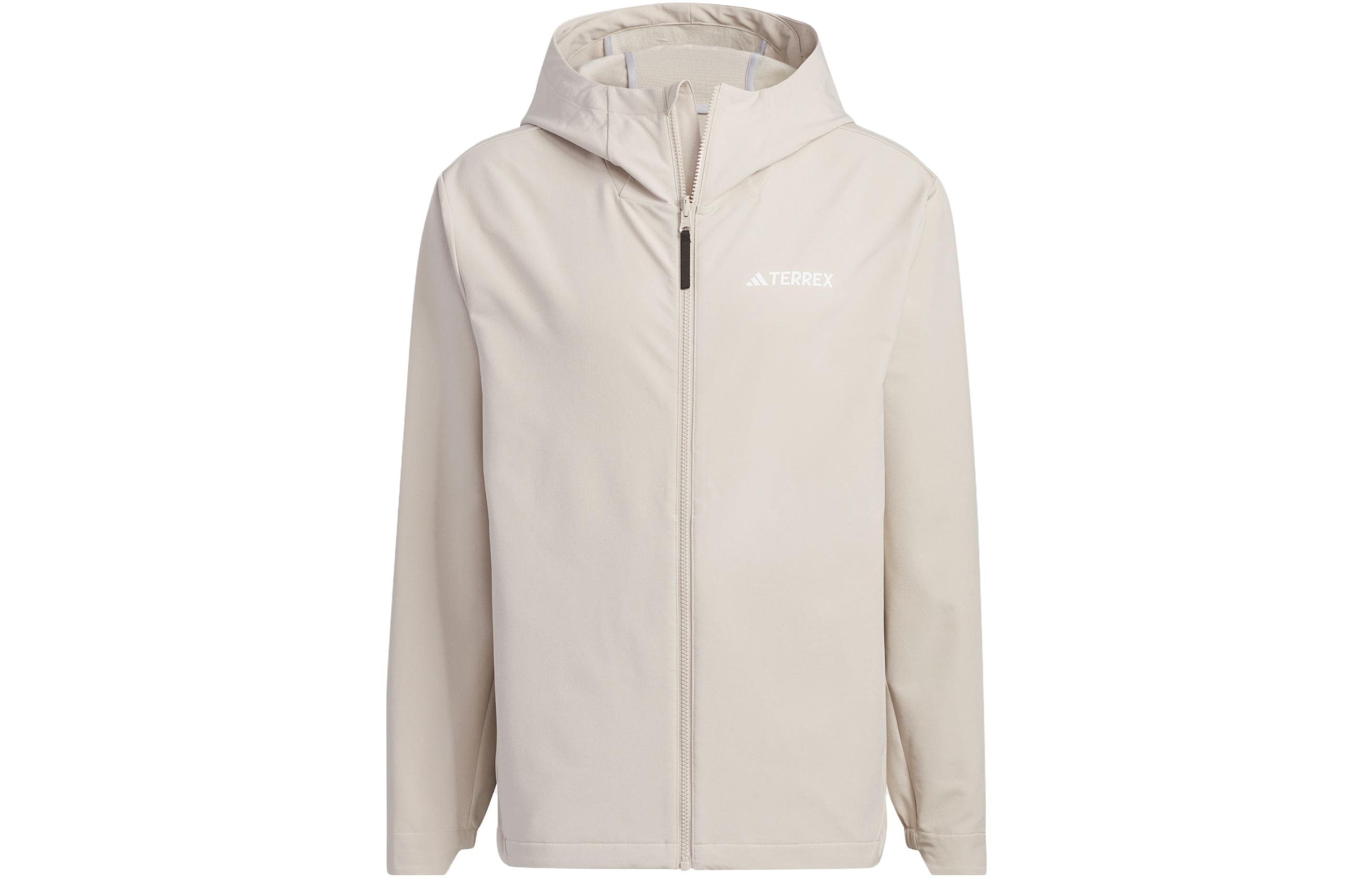 adidas Brushed Shell Hooded Softshell Jacket Outdoor Fleece Beige IL9010