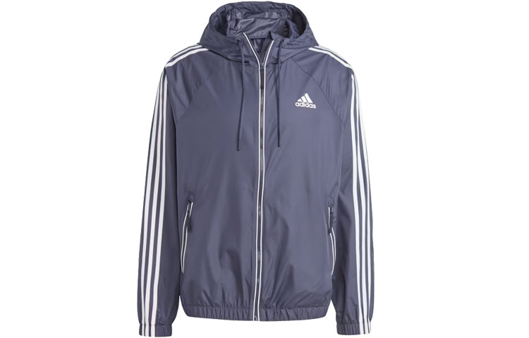 adidas BSC 3-Stripes Wind Jacket Navy Blue Hooded Zip-Up with Drawstring HT8753