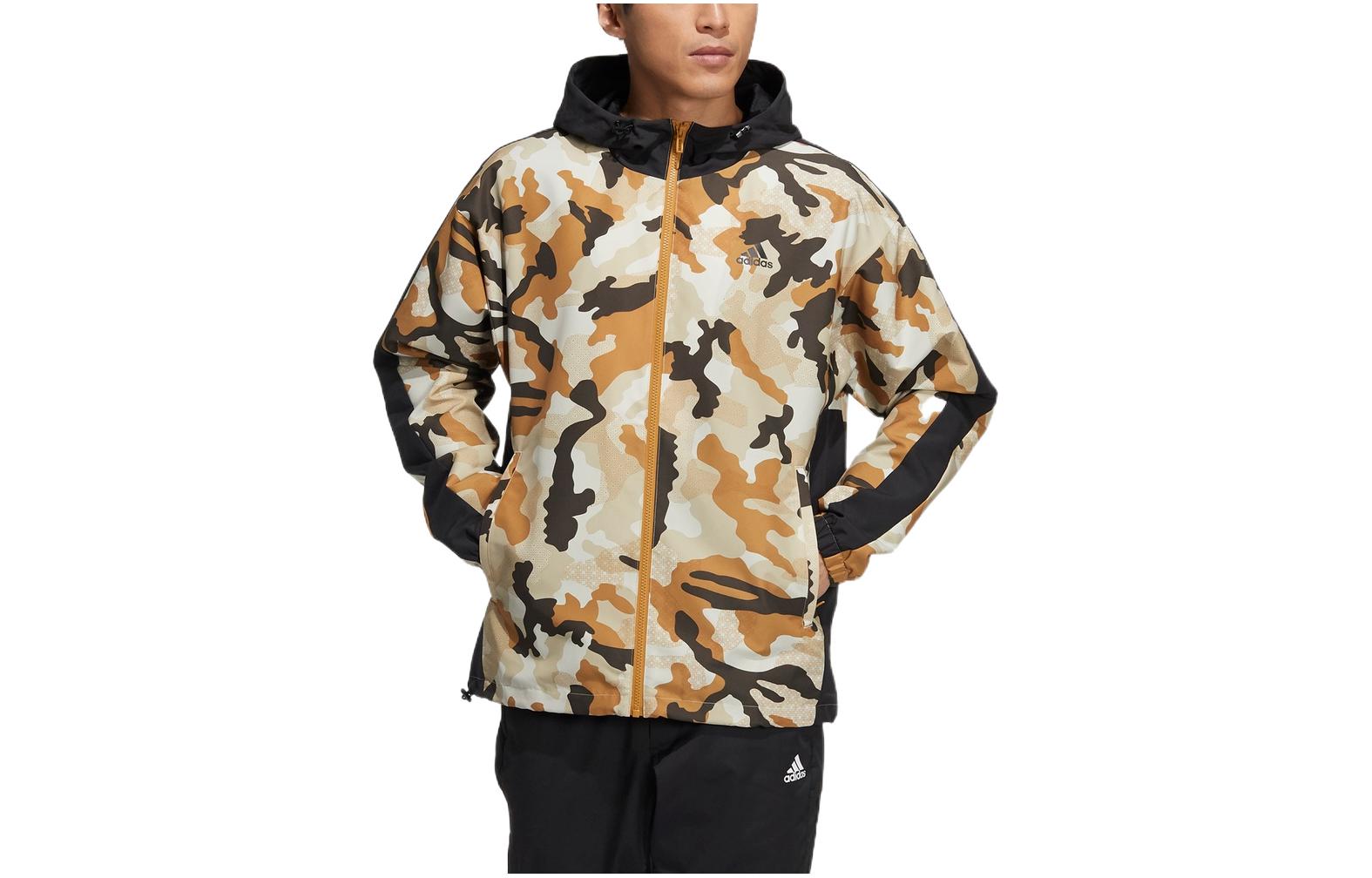 adidas Camouflage Hooded Fitness Jacket with Adjustable Hem - Brown HE7451