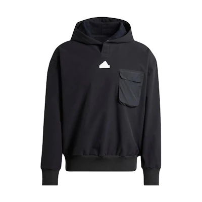 adidas City Escape Premium Black Hoodie Fleece Logo Loose Fit Pullover IR5180