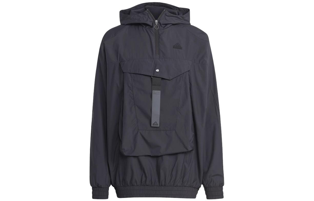 adidas City Escape Premium Windbreaker Black Logo Hooded Jacket for Men IC3726