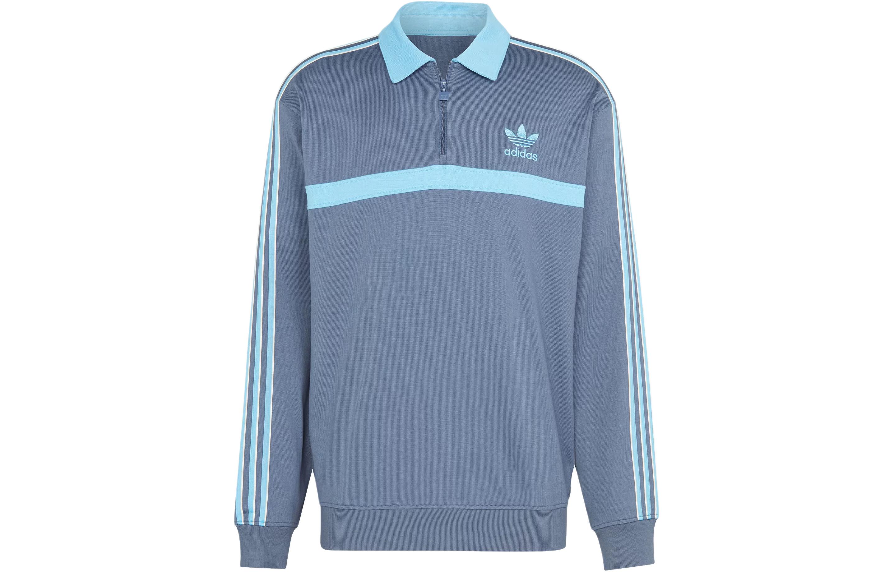 adidas Collared Sweatshirt Ink Blue Half-Zip Striped Loose Fit Pullover IS2147