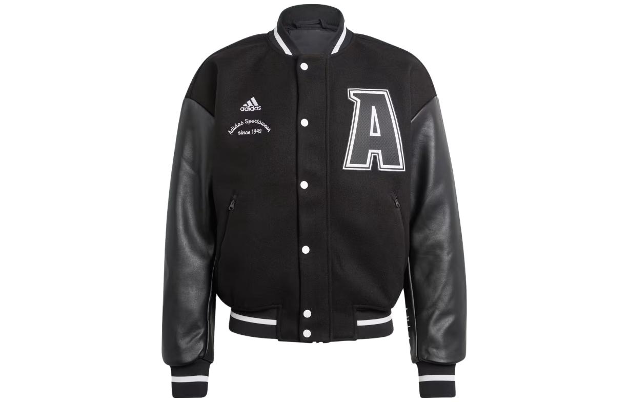 adidas Collegiate Premium Letter Print Snap Jacket Unisex Black IL8267
