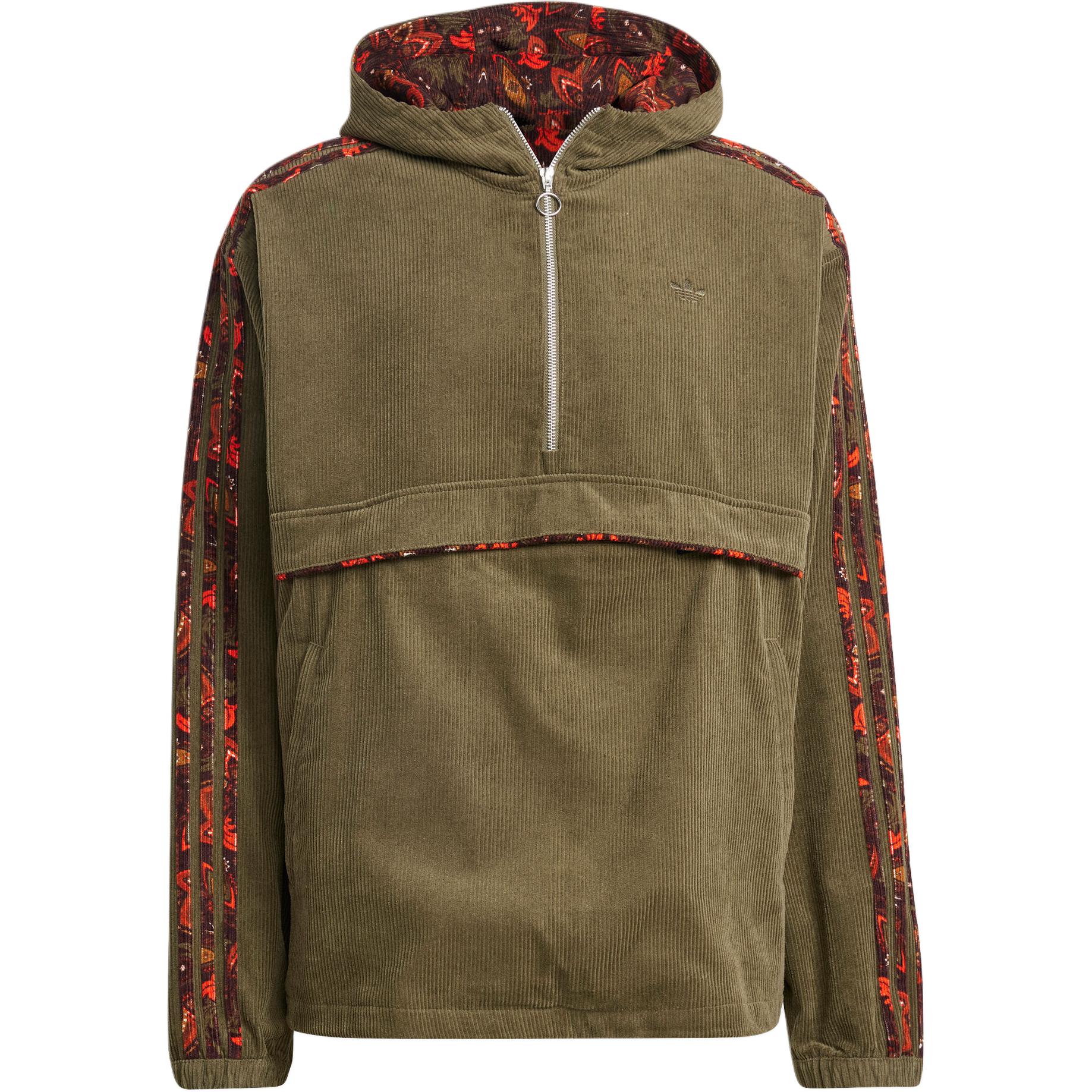 adidas Corduroy Hoodie Retro 3-Stripes Olive Green Jacket IS9570
