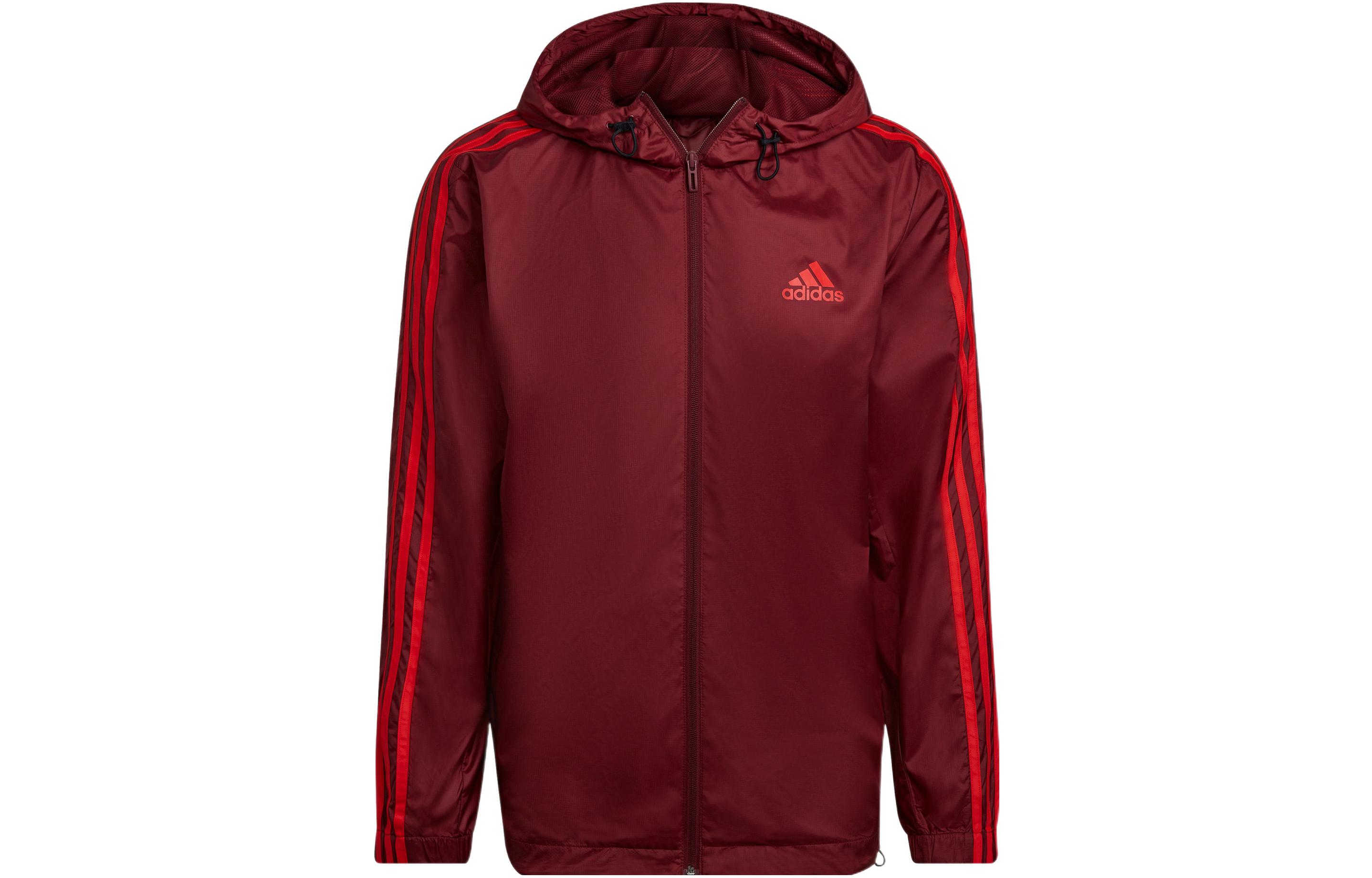 adidas Dark Red Striped Logo Print Hoodie Jacket HE4319