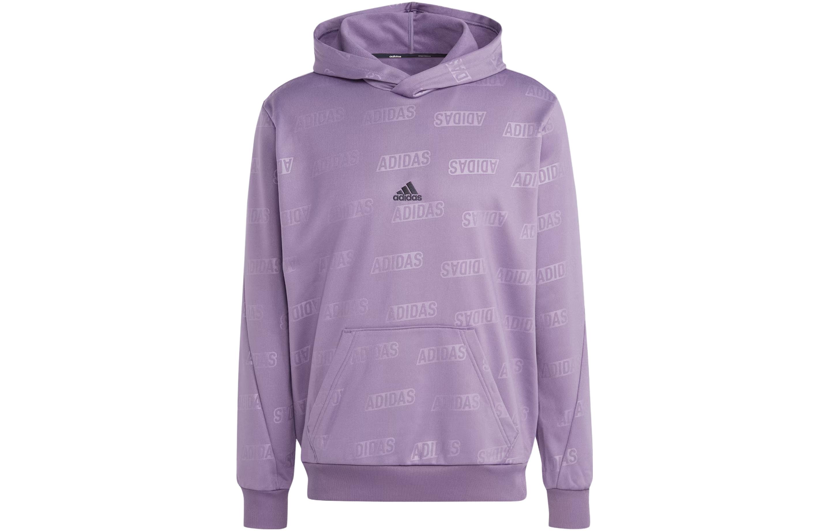 adidas Embossed Polar Fleece Hoodie Purple Loose-Fit Logo Print Pullover IJ6428