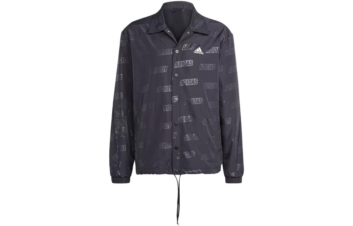 adidas Embossed Woven Coaches Jacket Black Long-Sleeve Snap-Button IJ6434