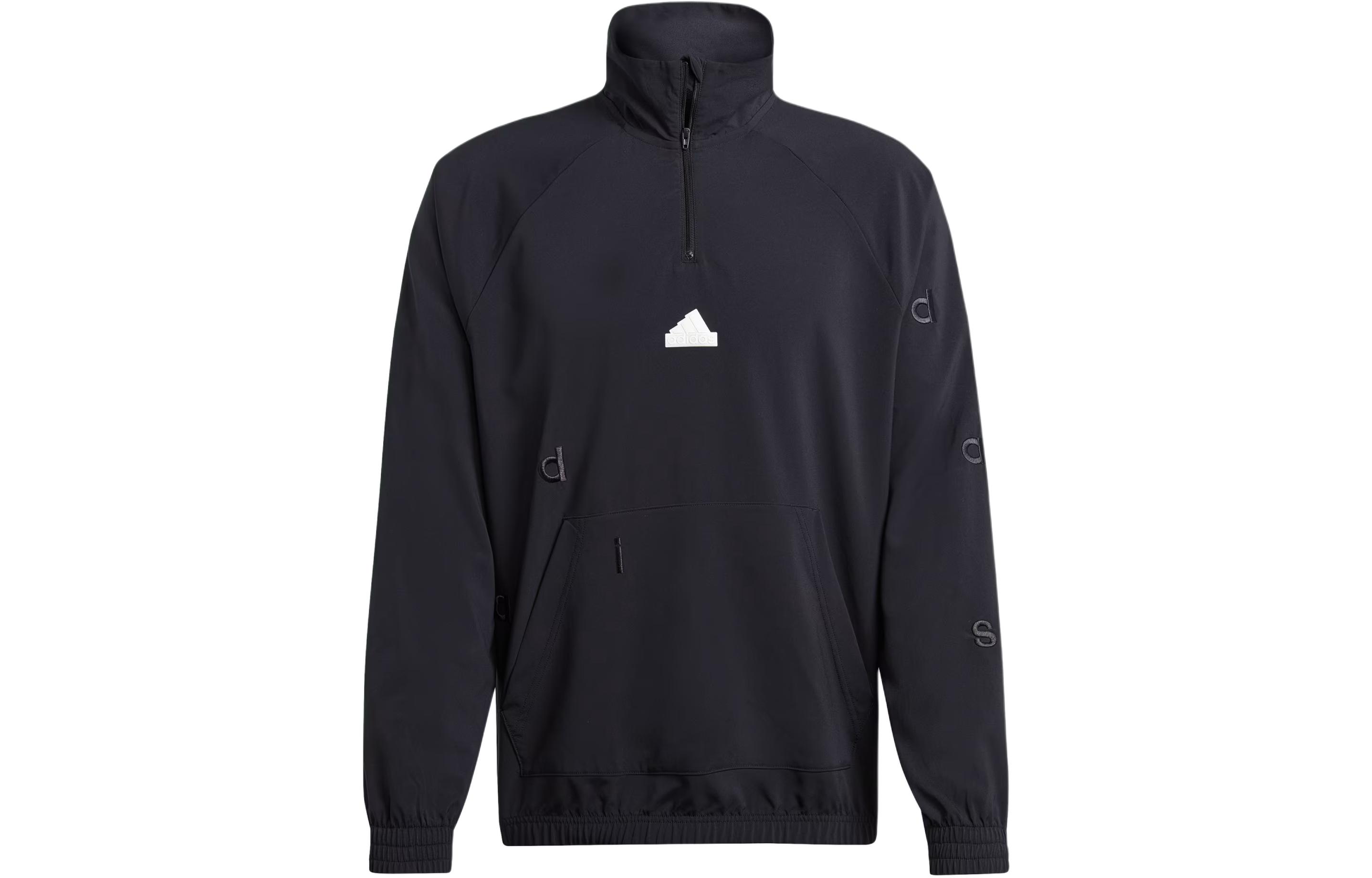 adidas Embroidery Woven 1/2 Zip Jacket Black Mock Neck Logo Long Sleeve Top IS1491