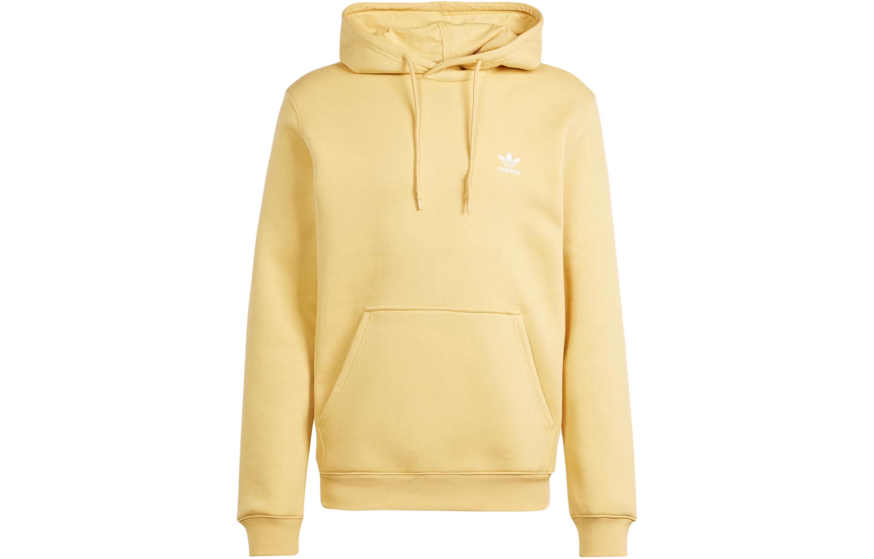 adidas Essential Trefoil Logo Fleece Hoodie Yellow Mens Long Sleeve Pullover IR7789