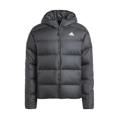 adidas Essentials Midweight Hooded Down Jacket Black with Triple Stripes. HZ4429