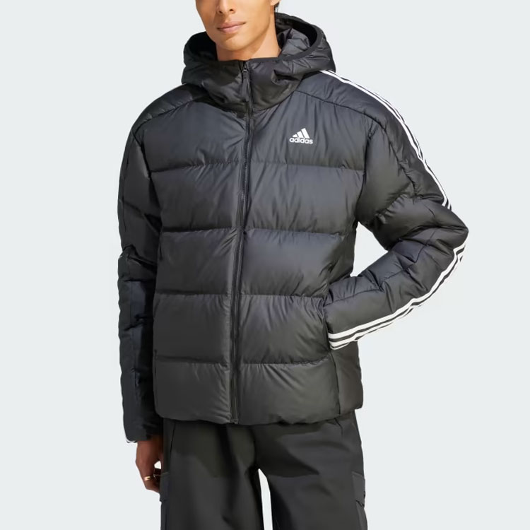 adidas Essentials  Midweight Hooded Down Jacket Black with Triple Stripes. HZ4429 圖 3
