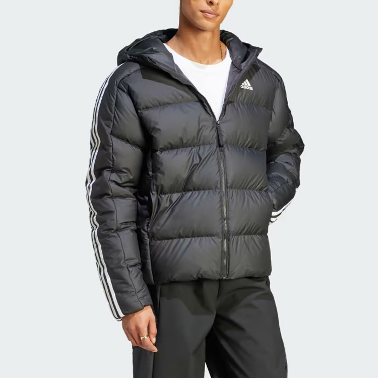 adidas Essentials  Midweight Hooded Down Jacket Black with Triple Stripes. HZ4429 圖 5