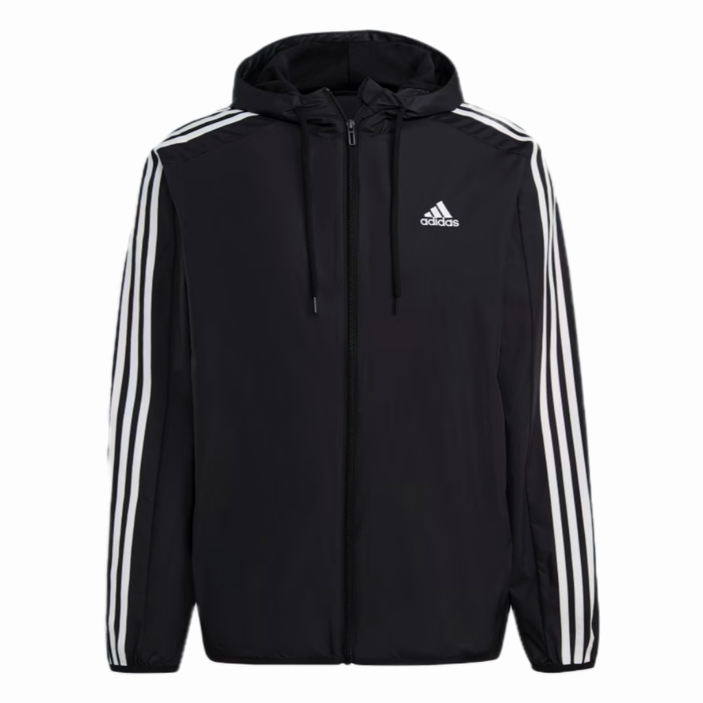 adidas Essentials Black Windbreaker Jacket with Three Stripes IB0378