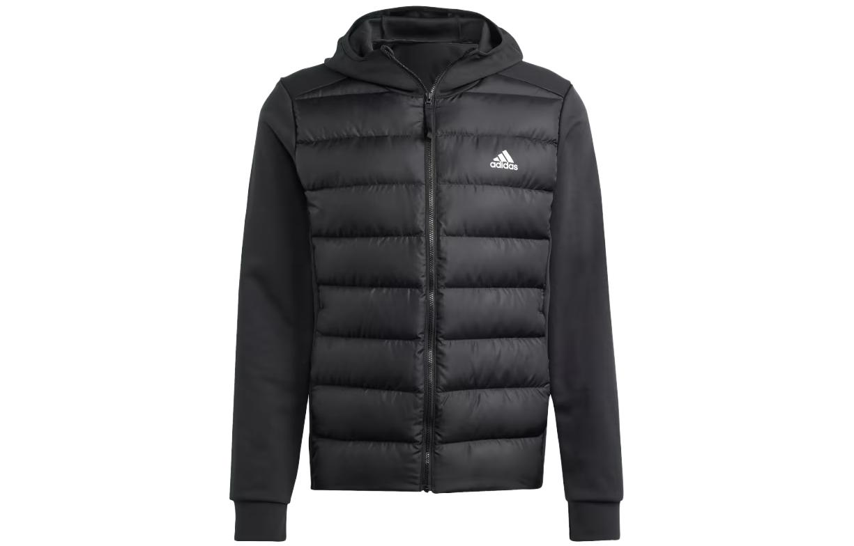 adidas Essentials Hybrid Down Hooded Jacket Black Quilted Logo Hoodie HZ4430