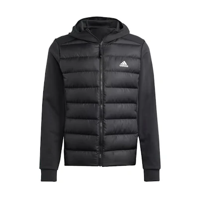 adidas Essentials Hybrid Down Hooded Jacket Black Quilted Logo Hoodie HZ4430