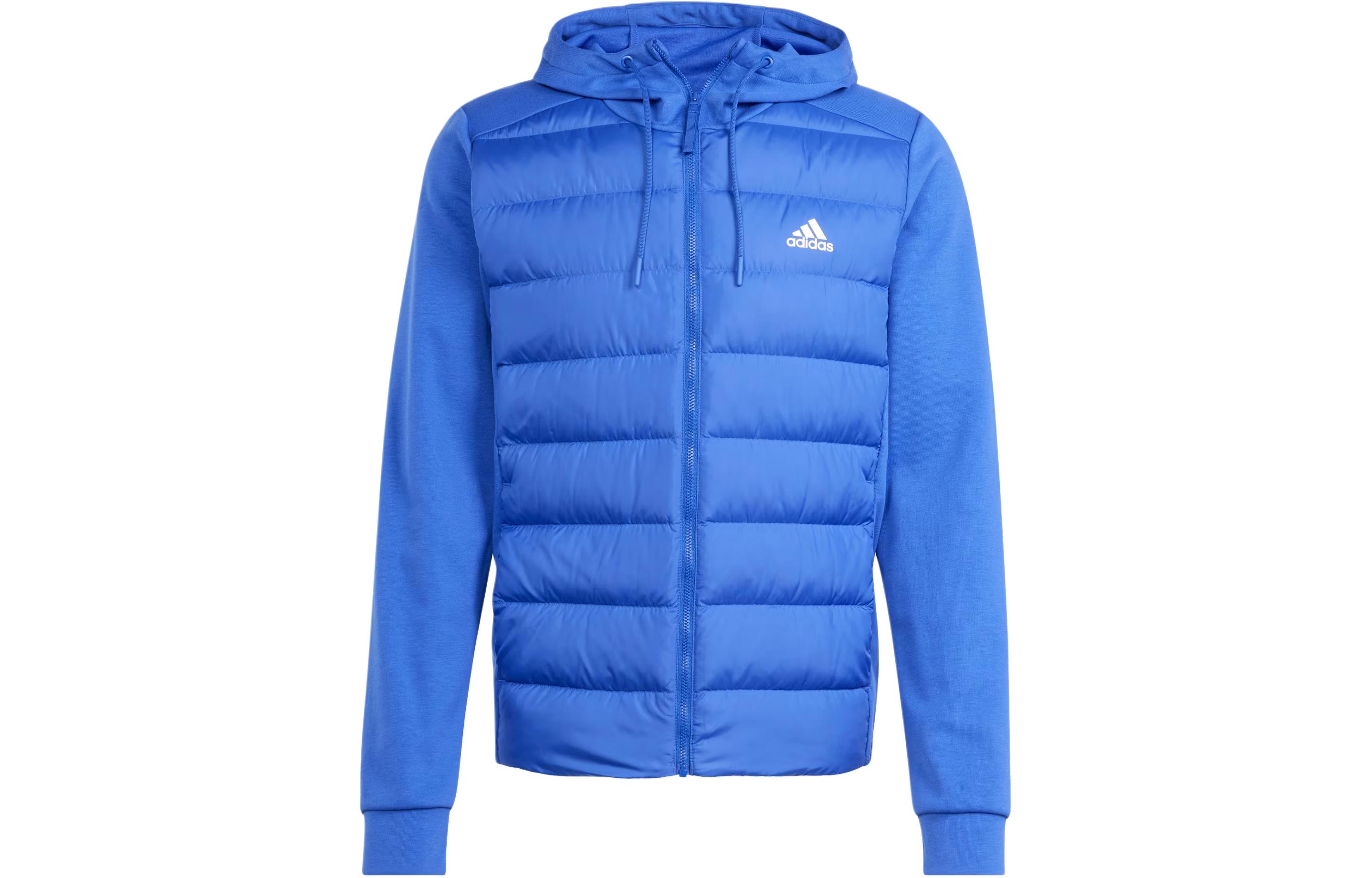 adidas Essentials Hybrid Down Hooded Jacket Blue - Hooded Puffer Coat IS1272