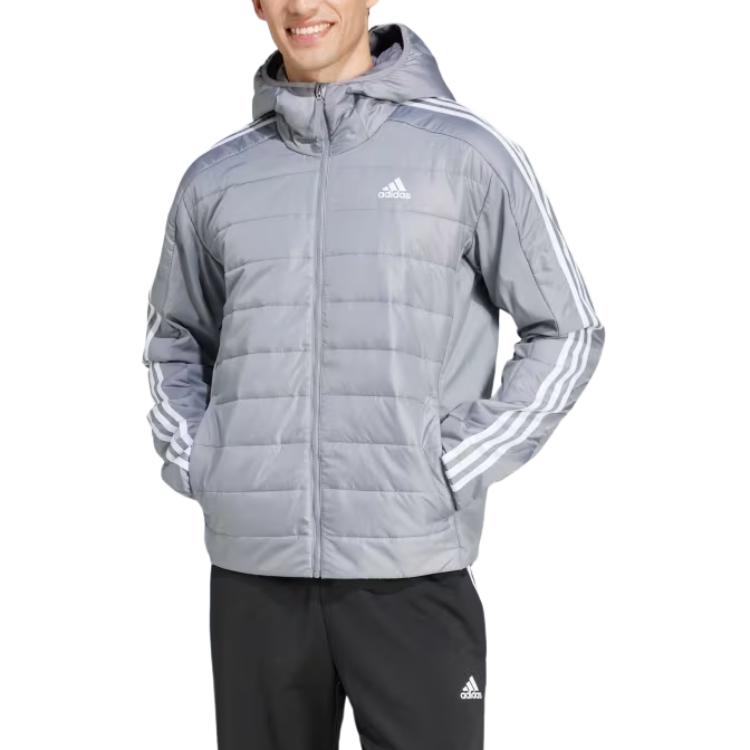 adidas ESSENTIALS Insulated Hooded Hybrid Jacket Grey - Striped Zip Hoodie IX8894