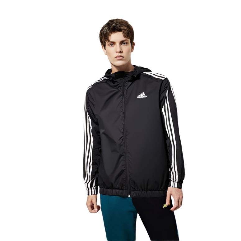 Details for adidas Essentials 男款3條紋防水黑色連帽外套 IB0384