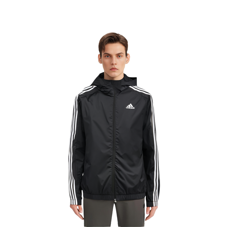 Sizing adidas Essentials 男款3條紋防水黑色連帽外套 IB0384