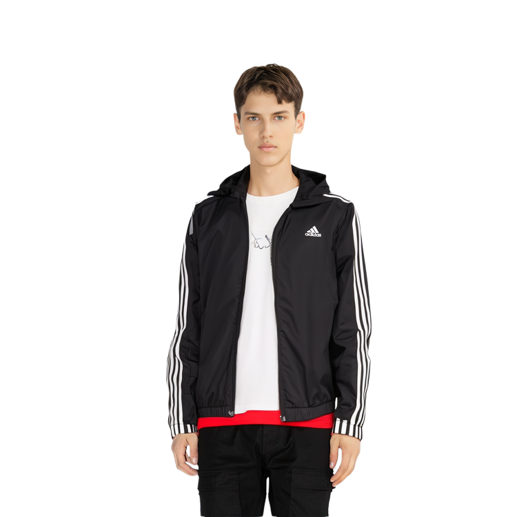 Cheap adidas Essentials 男款3條紋防水黑色連帽外套 IB0384
