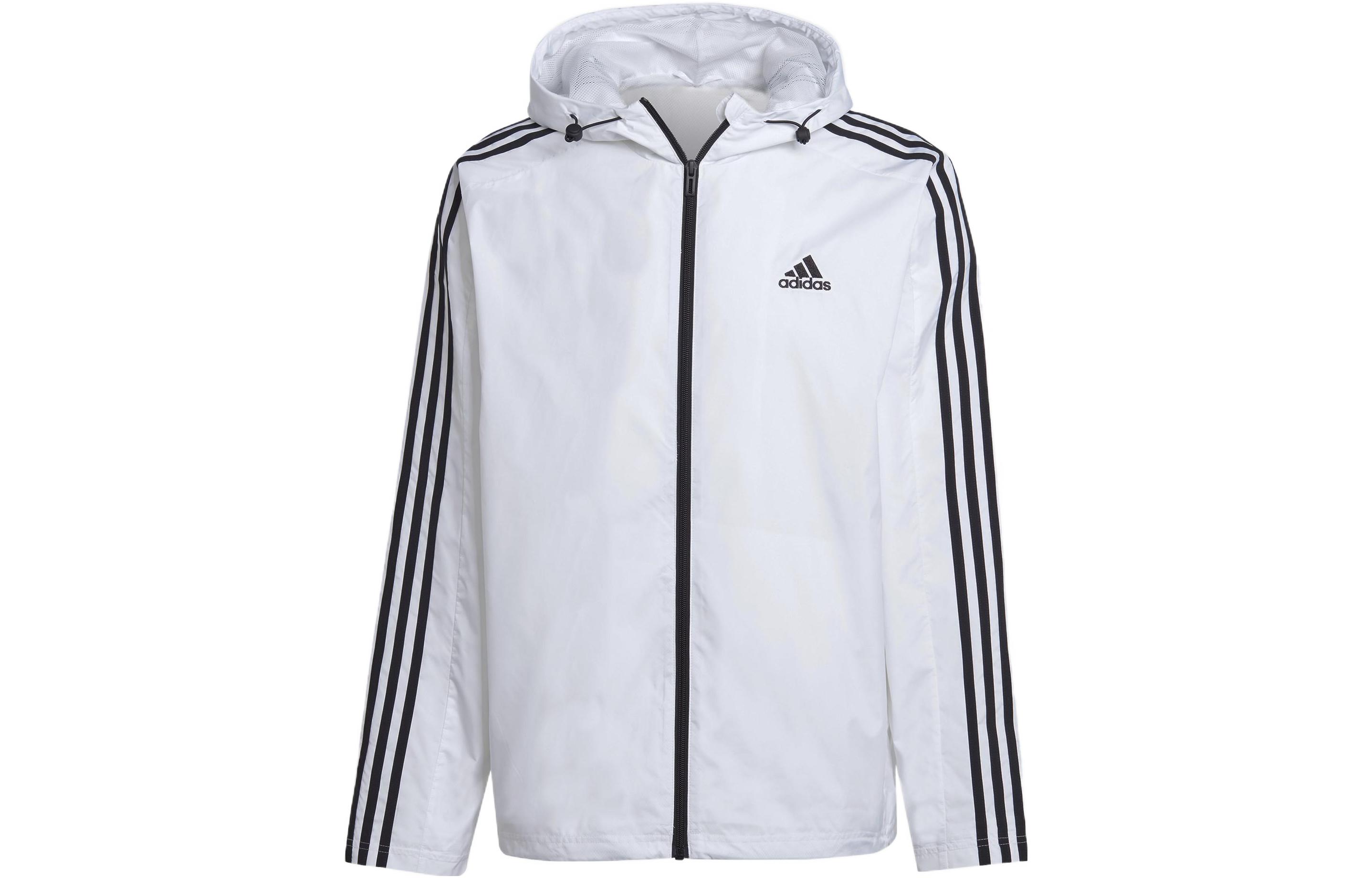 adidas ESSENTIALS White 3-Stripes Zip-Up Hoodie Jacket with Logo Print IB0382
