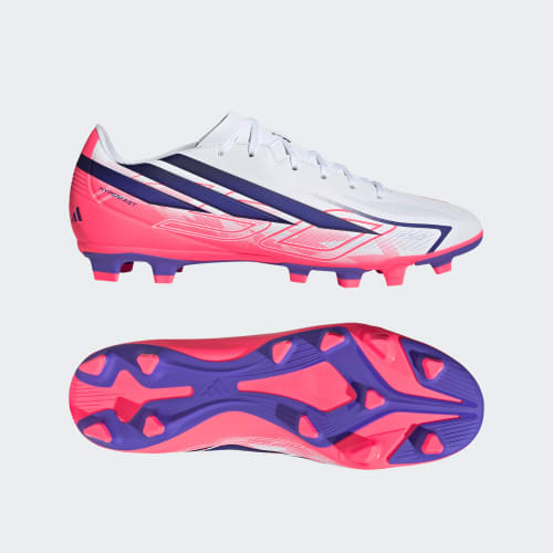 adidas F50 Hyperfast Club FG/MG Soccer Cleats for Natural, Firm, and Artificial Grass. Cloud White/Solar Purple/Solar Turbo KJ0990