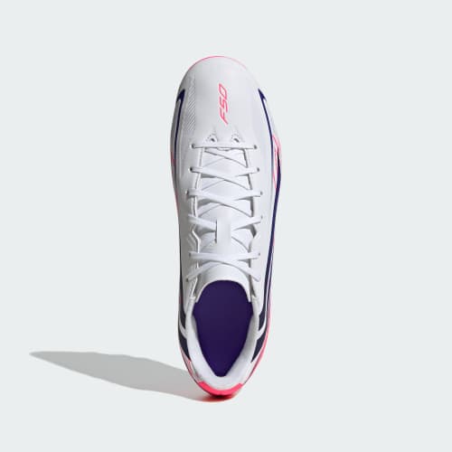 Lookbook adidas F50 Hyperfast Club FG/MG Soccer Cleats for Natural, Firm, and Artificial Grass. Cloud White/Solar Purple/Solar Turbo KJ0990