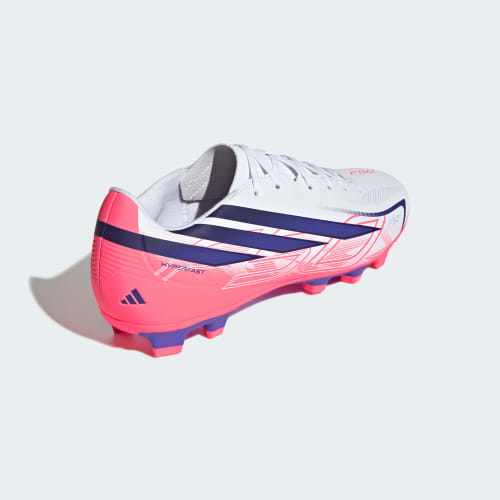 Details for adidas F50 Hyperfast Club FG/MG Soccer Cleats for Natural, Firm, and Artificial Grass. Cloud White/Solar Purple/Solar Turbo KJ0990