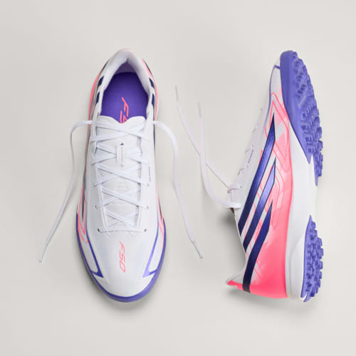 Shop adidas F50 Hyperfast League Astro Turf Shoes Cloud White/Solar Purple/Solar Turbo KJ3434