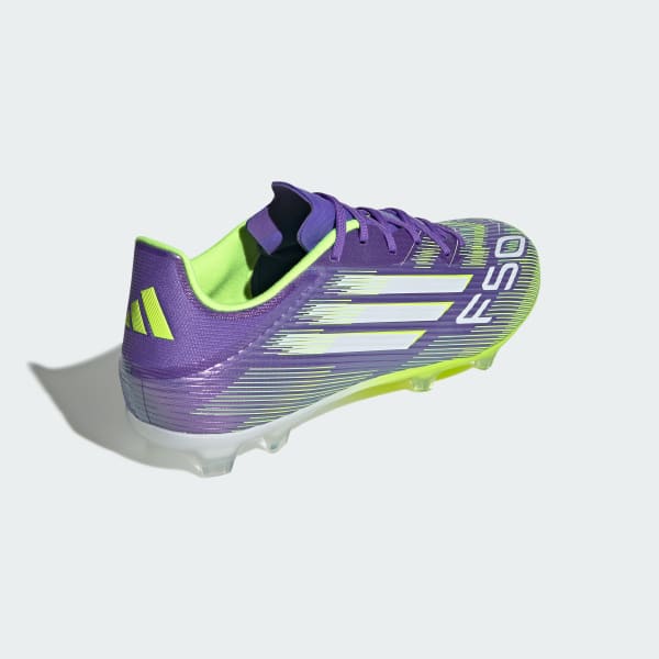 Sizing Adidas F50 League FG/MG Soccer Cleats Purple Rush/Cloud White/Lucid Lemon JI0003