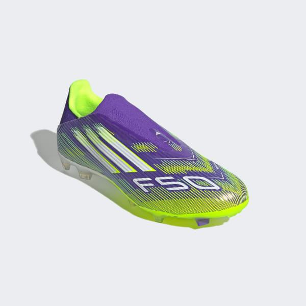 Details for Adidas F50 League Laceless FG/MG Soccer Cleats Purple Rush/Cloud White/Lucid Lemon JH7734