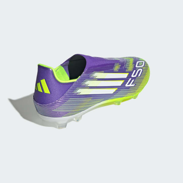 Sizing Adidas F50 League Laceless FG/MG Soccer Cleats Purple Rush/Cloud White/Lucid Lemon JH7734