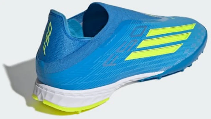 adidas F50 Pro Laceless TF Soccer Cleats Lucid Ray Blue/Team Solar Yellow 2/Lucid Aquamarine JQ1484 Details for adidas F50 Pro Laceless TF Soccer Cleats Lucid Ray Blue/Team Solar Yellow 2/Lucid Aquamarine JQ1484