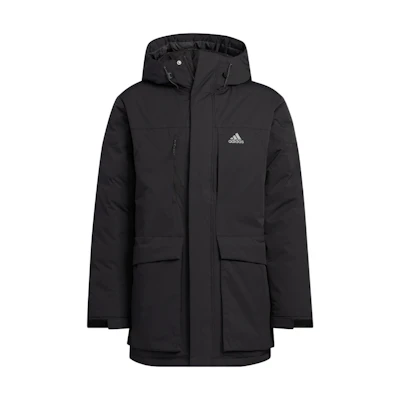 adidas FW22 Black Down Parka Outdoor Jacket with Logo and Zipper Hood HN2096