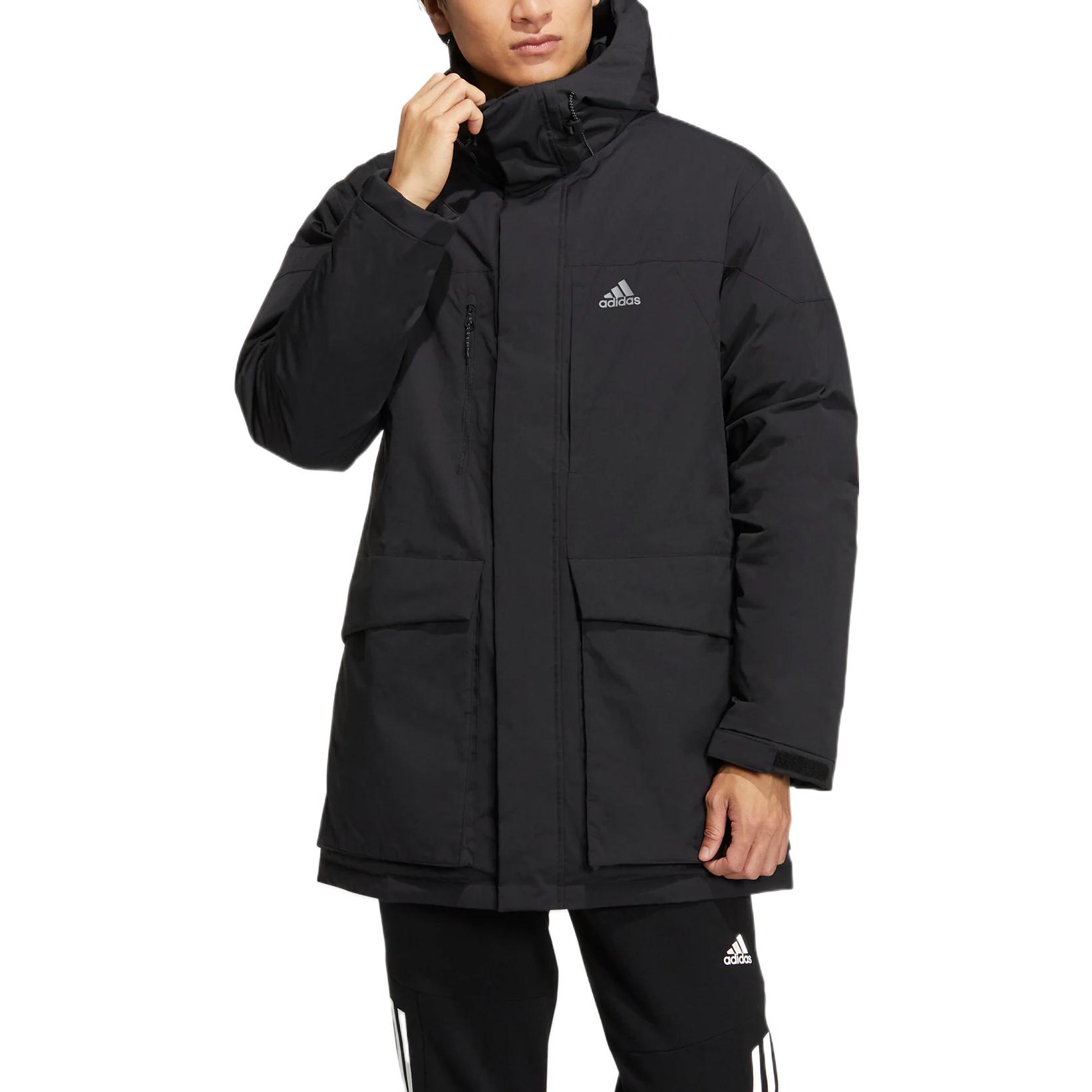 Lookbook adidas FW22  Black Down Parka Outdoor Jacket with Logo and Zipper Hood HN2096