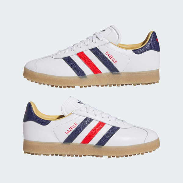 Cheap Adidas Gazelle Leather Spikeless Golf Shoes Cloud White/Dark Blue/Red JP7705