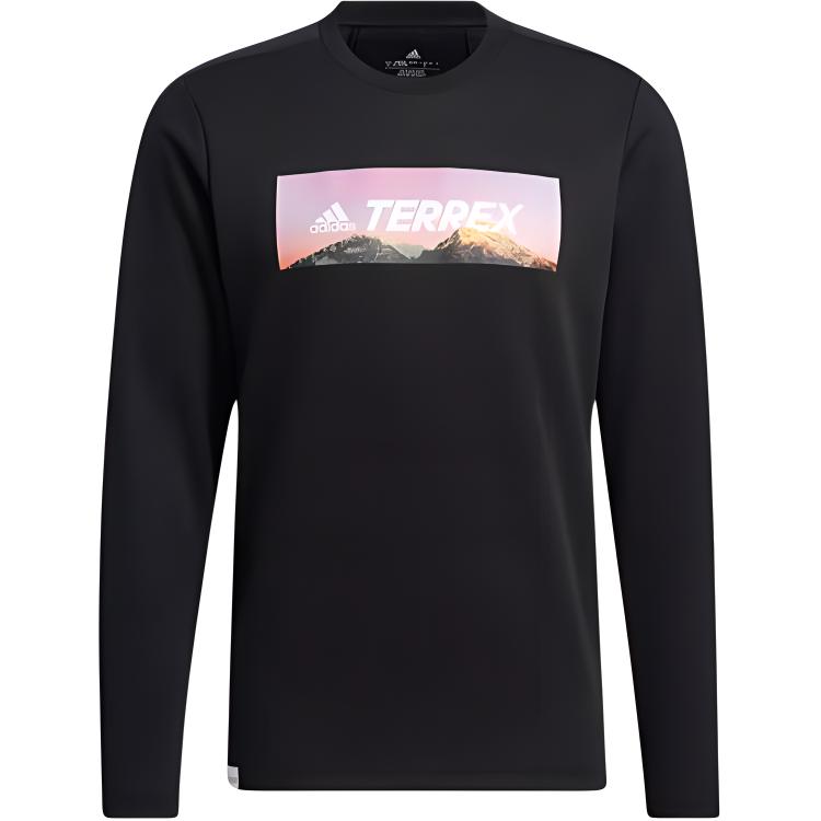adidas Graphic Print Outdoor Casual Crewneck Pullover Sweatshirt Black HE7338