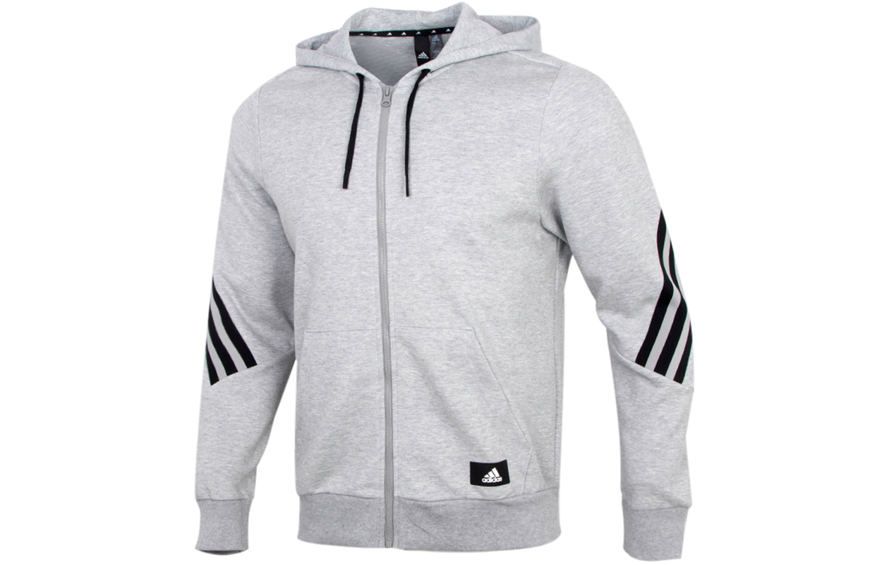adidas Gray Knit Training Hoodie Jacket with Three Stripes H46528