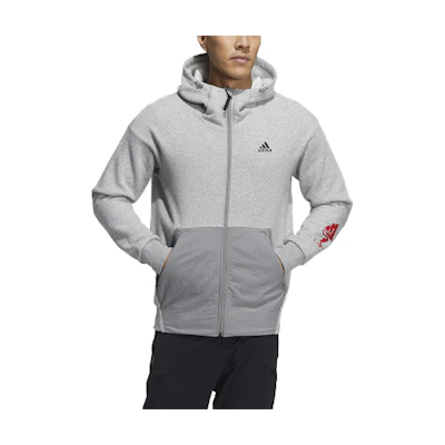adidas Gray Logo Pattern Loose Fit Hoodie Zip Jacket GN7362