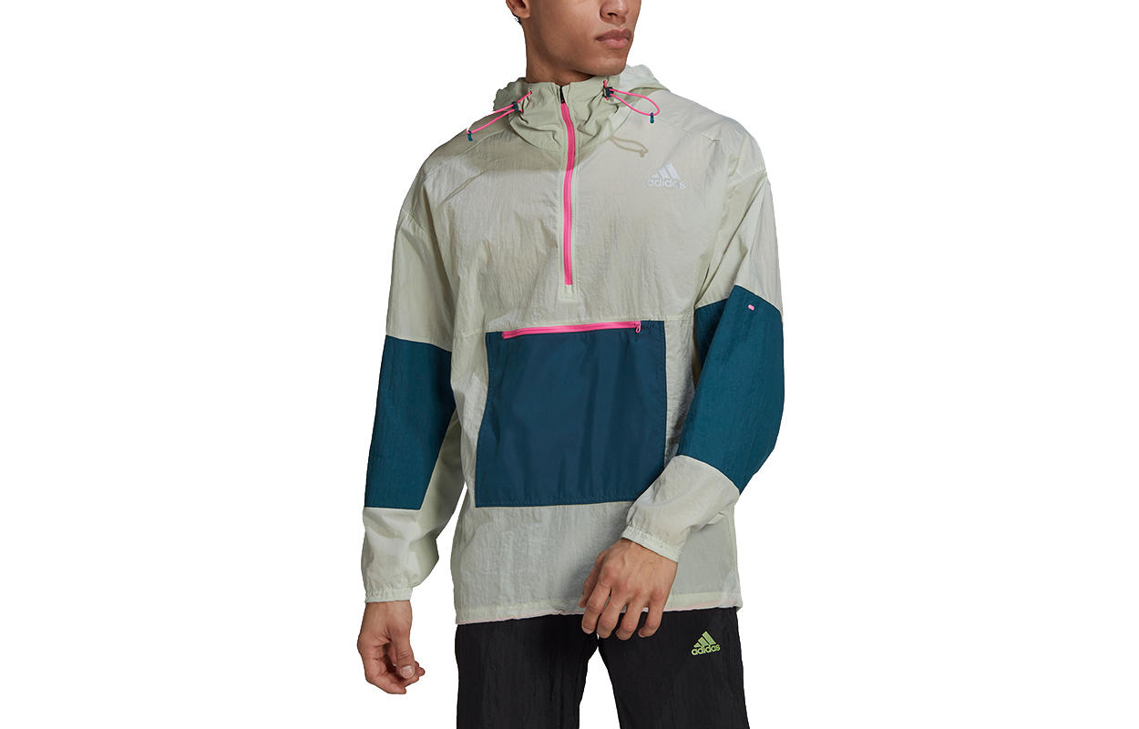 adidas Green Half-Zip Hooded Running Jacket with Contrast Colors GN2179