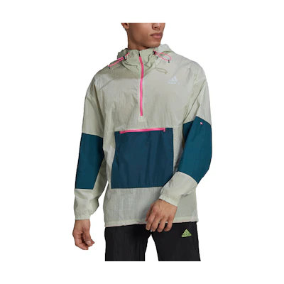 adidas Green Half-Zip Hooded Running Jacket with Contrast Colors GN2179