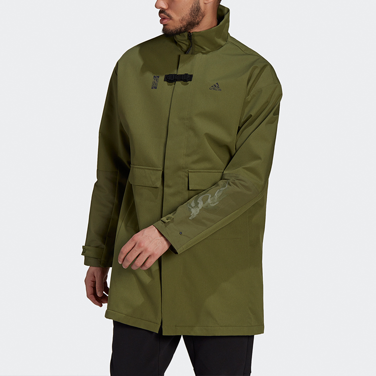 Shop adidas Green Snap-Button Mid-Length Outdoor Casual Jacket GU1767