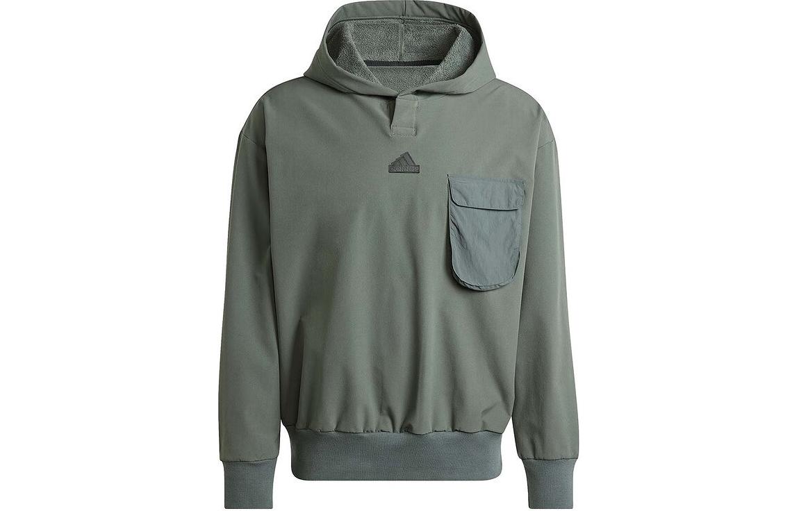 adidas Grey-Green Logo Hoodie with Drop Shoulders Long Sleeve Pullover IR5182