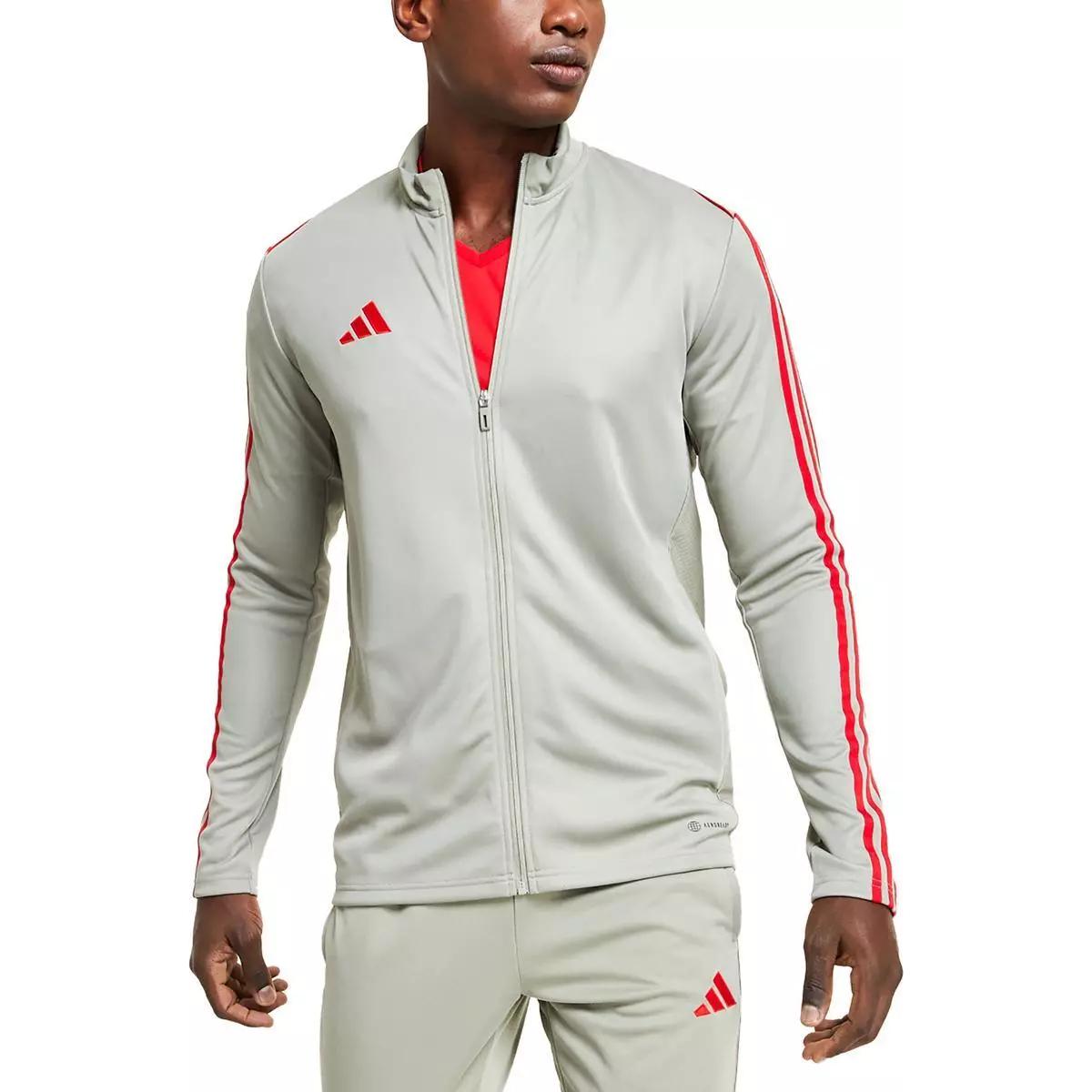 adidas Grey Beige Striped Track Jacket with Zip-Up Stand Collar IA2070