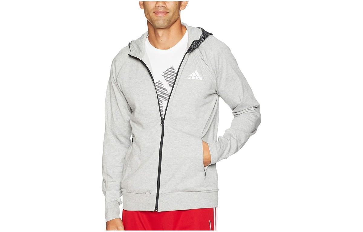adidas Grey Logo Print Zip Hoodie Jacket with Long Sleeves DH9108